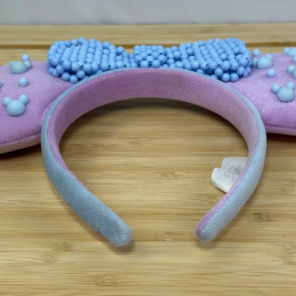 Disney Parks Pink with Mickey Icons Blue Beaded Bow Minnie Mouse Ears Headband